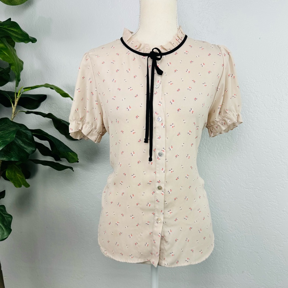 Daisy May Light Pink Button Down Ruffle Chiffon Floral Blouse